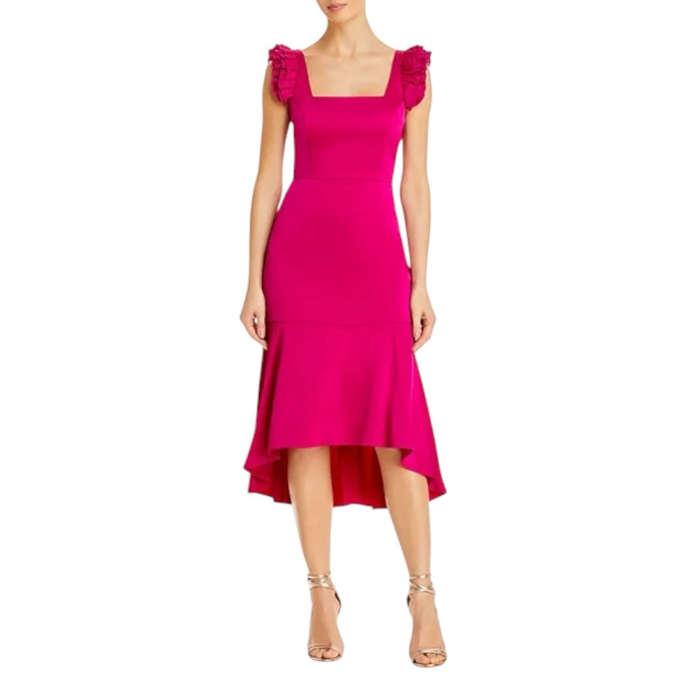Adrianna Papell Fuchsia High-Low Ruffle Shoulder Cocktail Dress